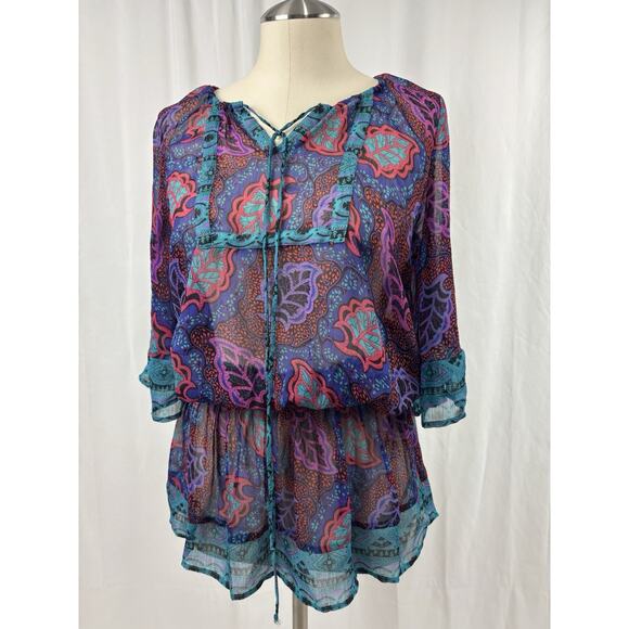 Arden B Smocked Waist Paisley Top Y2K Babydoll Flutter Sleeve Sheer Boho Size M - Picture 1 of 10